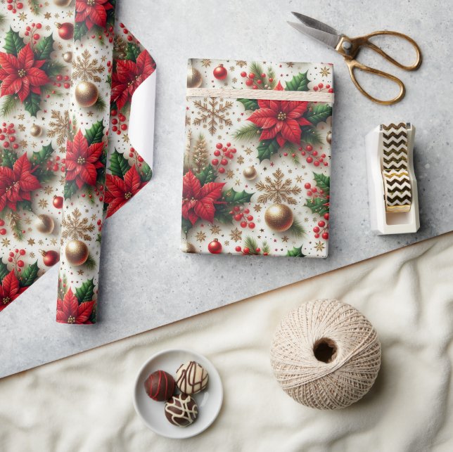 Christmas Red Poinsettia Gold Snowflake Glossy  Wrapping Paper (Crafts)