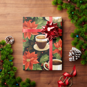 Christmas Red Poinsettia Hot Chocolate Black Green Wrapping Paper