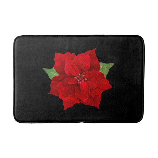 Christmas Red Poinsettia on Black Background Bath Mat (Front)
