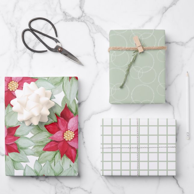 Christmas Red Poinsettia Watercolor Hand-painted Wrapping Paper Sheet (Front)