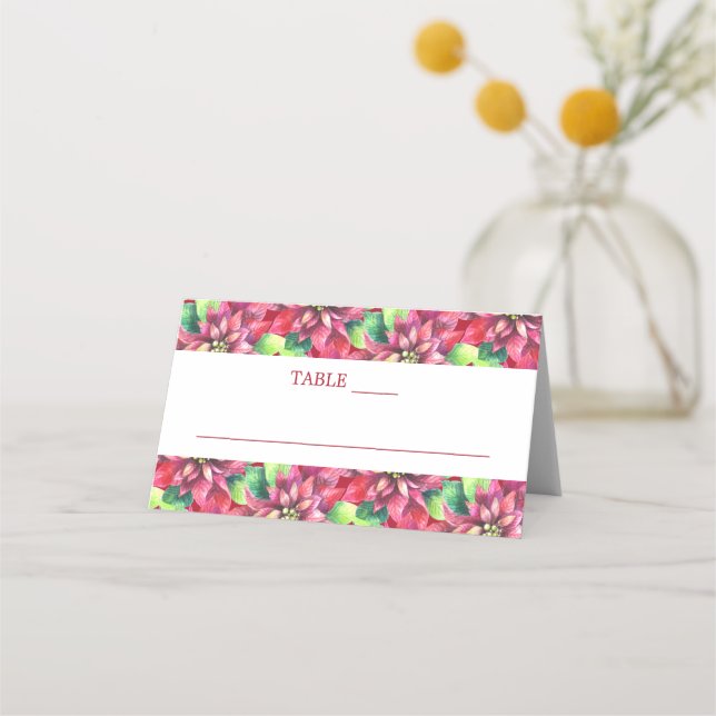 Christmas Red Poinsettia Wedding  Place Card (Front)