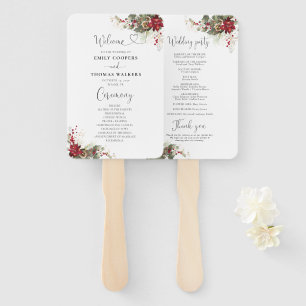 Christmas Red Poinsettia Wedding Program Hand Fan