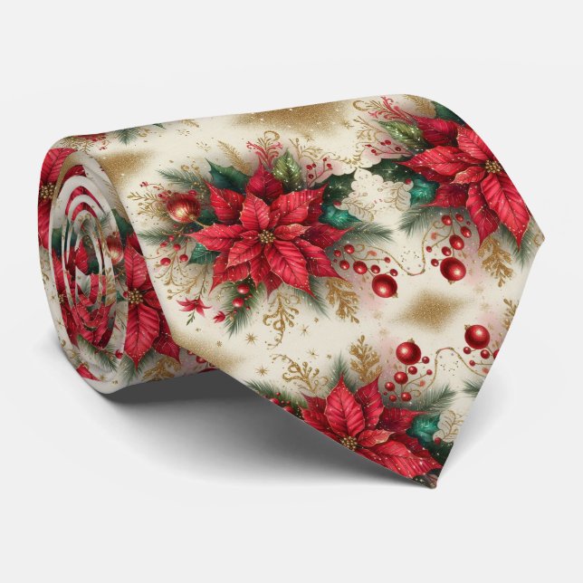 Christmas Red Poinsettia with Gold  Mens Neck Tie (Rolled)