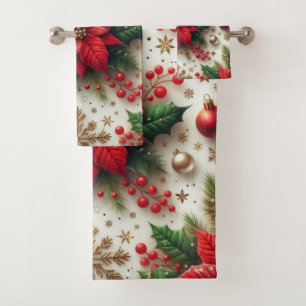 Christmas Red Poinsettia with Gold Snowflakes Bath Towel Set