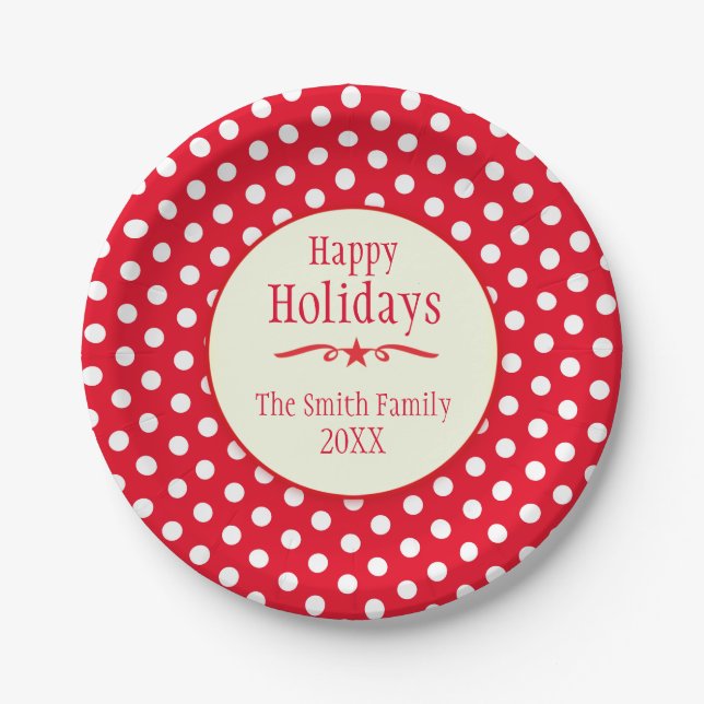 Christmas red polka dot name holiday paper plates (Front)