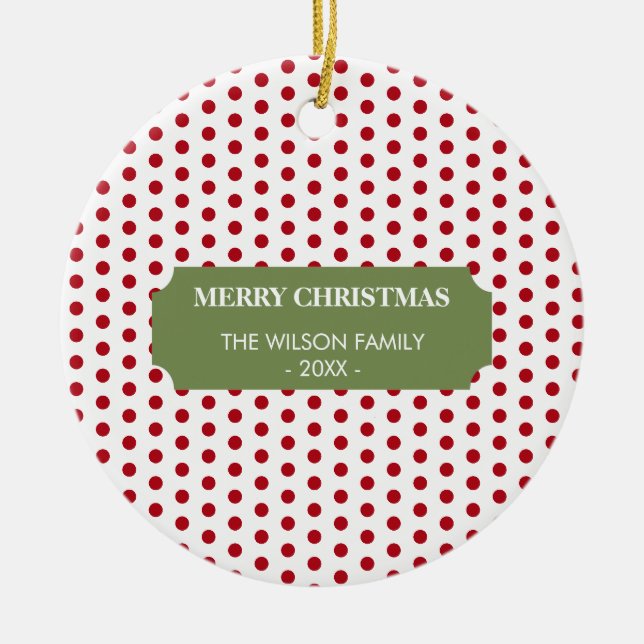 Christmas Red Polka Dots Family Name Year  Ceramic Ornament (Front)