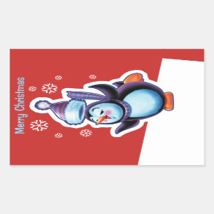 Christmas red rectangular sticker Penguin skater.