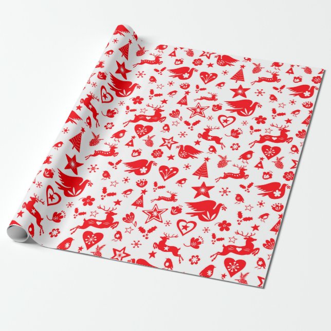 Christmas Red Reindeer Scandi Wrapping Paper (Unrolled)