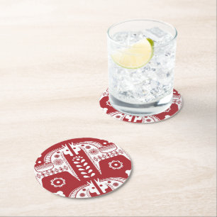 Christmas Red Reindeer Scandinavian Nordic Forest Round Paper Coaster