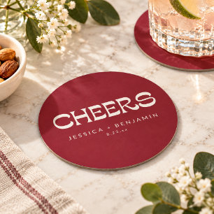 Christmas Red Retro Cheers Wedding Cocktail Hour Round Paper Coaster