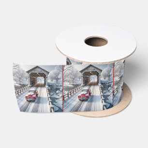 Christmas Red Retro Truck and Covered Bridge Satin Ribbon