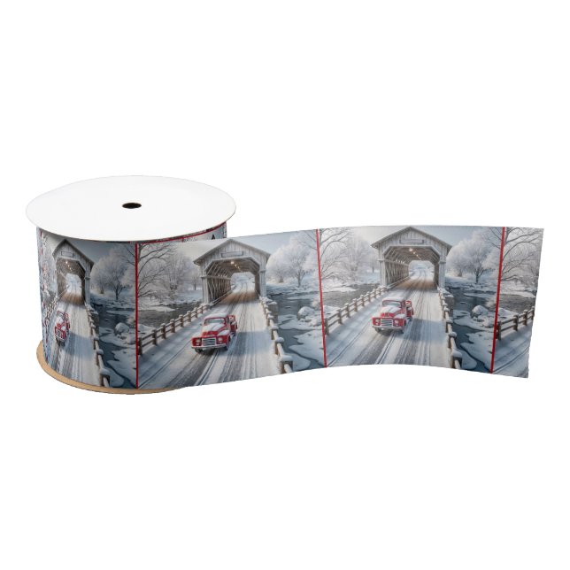 Christmas Red Retro Truck and Covered Bridge Satin Ribbon (Spool)