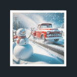 Christmas Red Retro Truck With Snowman Napkin<br><div class="desc">A cheerful snowman stands beside a road as a vintage red truck drives by in a snowy landscape</div>