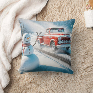 Christmas Red Retro Truck With Snowman Throw Pillow