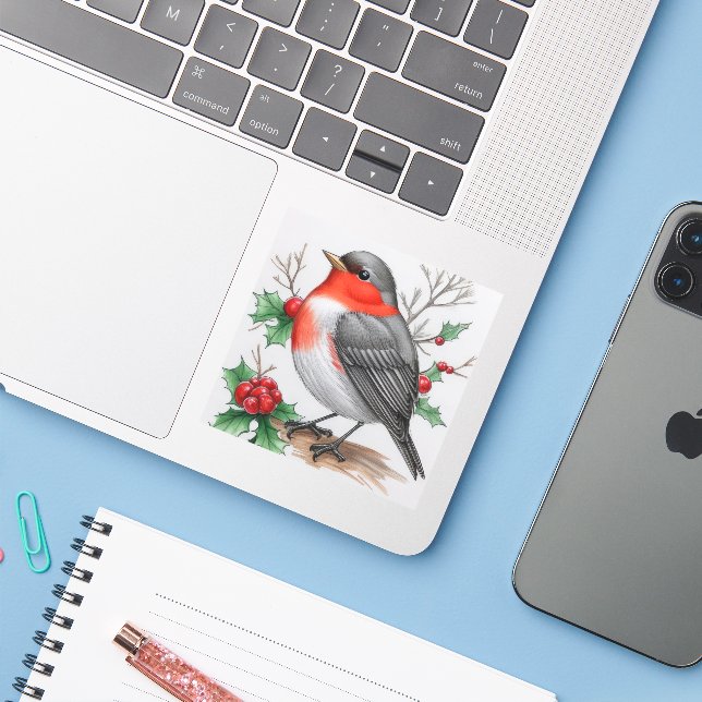 Christmas Red Robin Bird  (Laptop w/ iPhone)