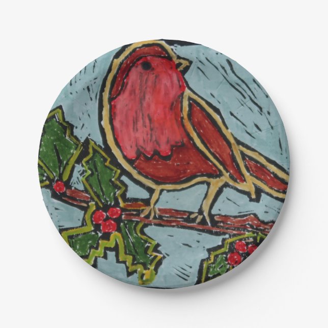 Christmas Red Robin, Green Holly Red Berries Paper Plate (Front)