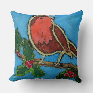 Christmas Red Robin, Green Holly Red Berries Throw Pillow