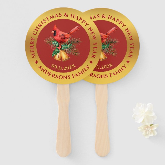 Christmas Red Robin ornament gold and red Hand Fan (Front and Back)