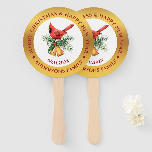Christmas Red Robin ornament gold and white Hand Fan (Front and Back)