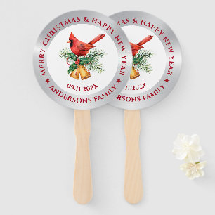 Christmas Red Robin ornament silver and white Hand Fan