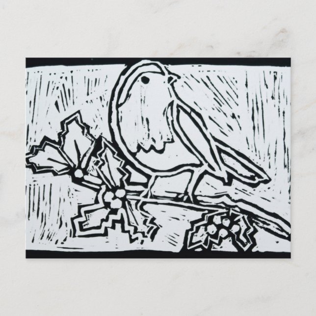 Christmas Red Robin with Holly in Black and White Holiday Postcard (Front)