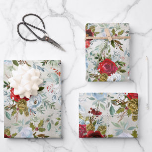Christmas Red Rose Dusty Blue Peony Holly Berries Wrapping Paper Sheet