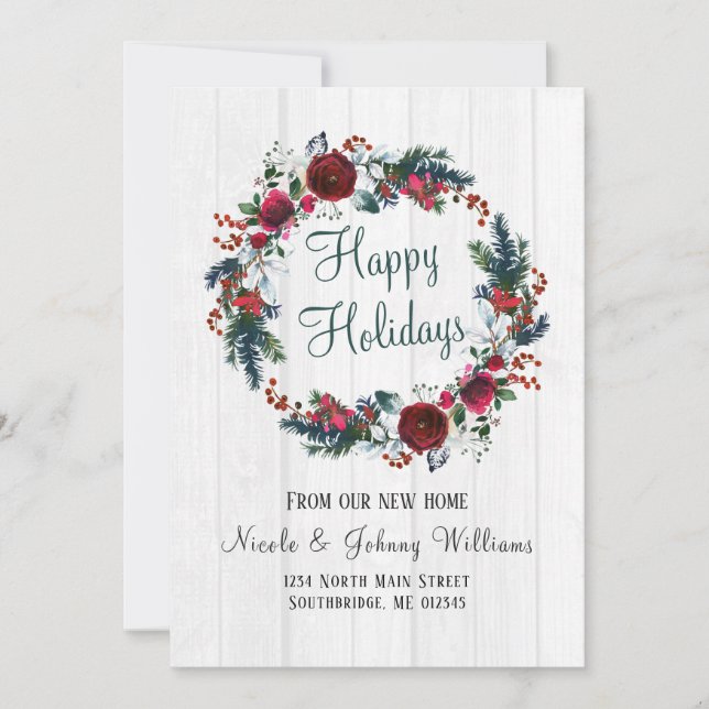 Christmas Red Rose with Pine Floral Wreath Moving Announcement (Front)