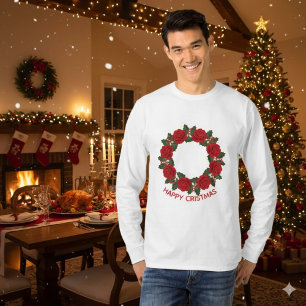 Christmas Red Rose Wreath Happy Christmas T-Shirt