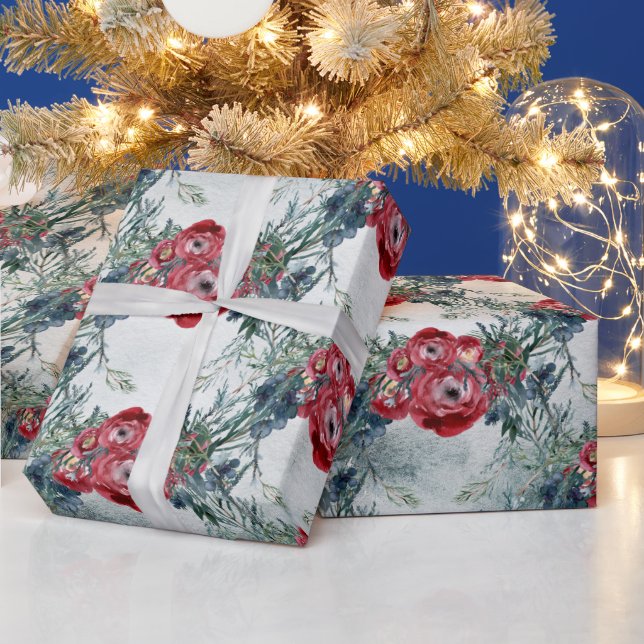 Christmas Red Roses Blue Spruce Winter Holiday Wrapping Paper (Holidays)