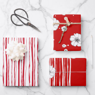 Christmas Red Rustic Rafia and Flower Handdrawn Wrapping Paper Sheet