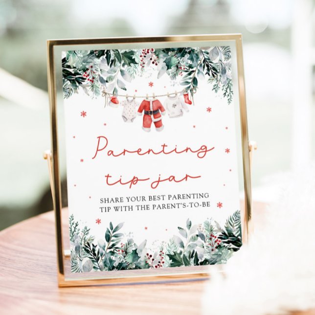 Christmas Red Santa Baby Parenting Tip Jar Game Poster (Watercolor Christmas Red Santa Baby Family Traditions Game Sign)