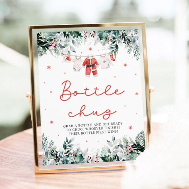 Christmas Red Santa Baby Shower Bottle Chug Sign (Watercolor Christmas Red Santa Baby Shower Bottle Chug Game Sign)
