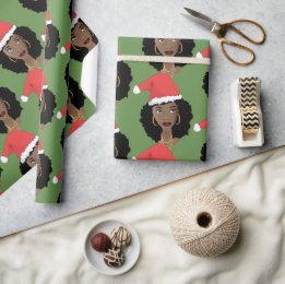 Christmas Red Santa Hat, Black Woman, Green Wrapping Paper