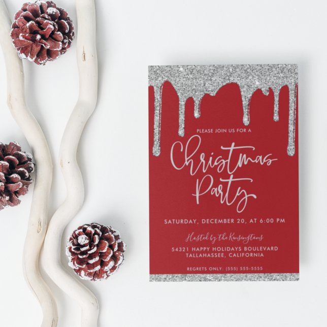 Christmas Red Silver Glitter Drips Holiday Party Invitation (Creator Uploaded)