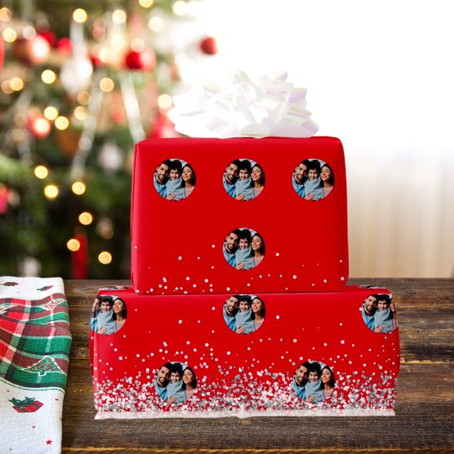 Christmas red silver photo confetti wrapping paper (Creator Uploaded)