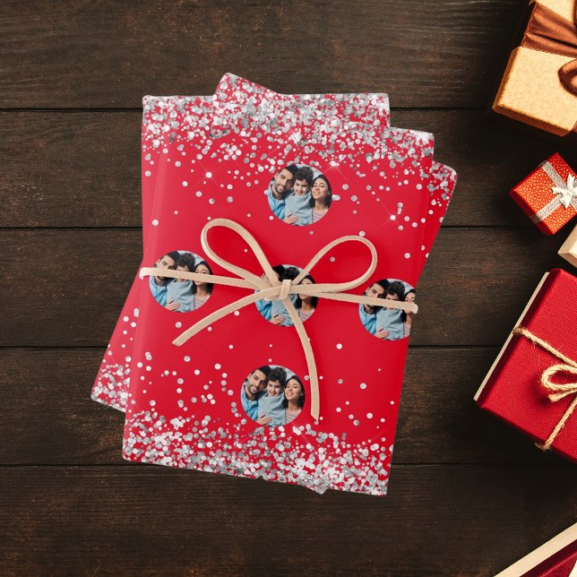 Christmas red silver photo confetti wrapping paper sheet (Creator Uploaded)