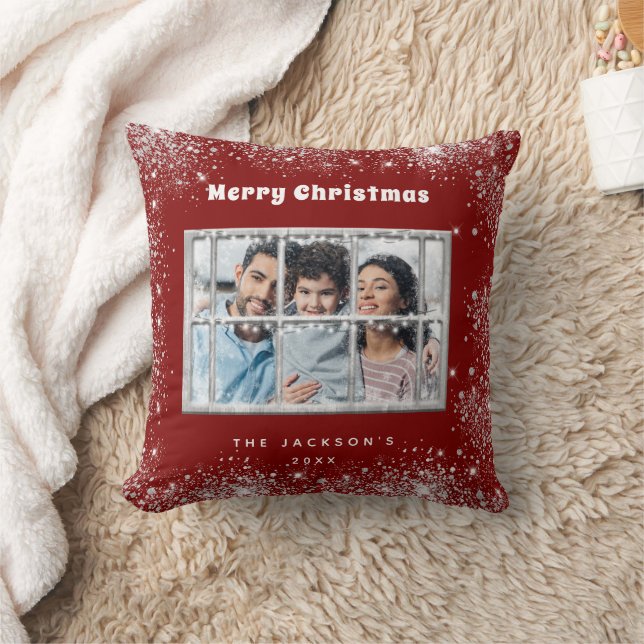 Christmas red silver snow photo winter window throw pillow (Blanket)