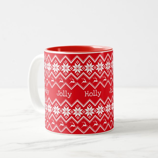 Christmas Red Snowflake and Deer Pattern Two-Tone Coffee Mug (Front Left)