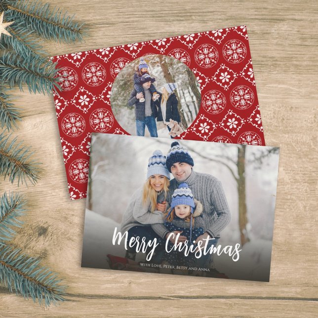 Christmas Red Snowflake Simple Festive 2 Photo Holiday Card (Creator Uploaded)