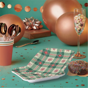 Christmas Red Snowflakes Green Checks Pattern Paper Plate