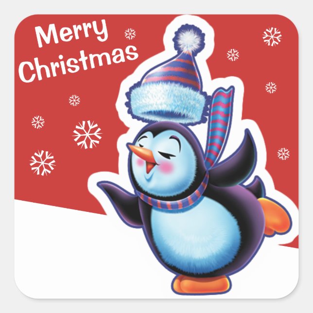 Christmas red square sticker Penguin skating. (Front)