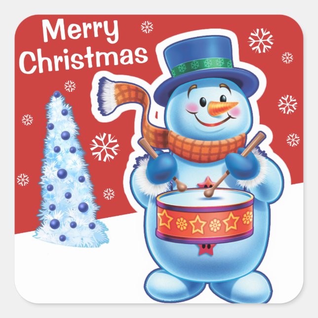 Christmas red square sticker Snowman drummer. (Front)