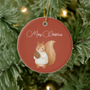 Christmas Red Squirrel Pine Cone Ceramic Ornament