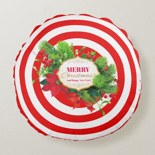 Christmas Red Striped  Round Pillow (Front)