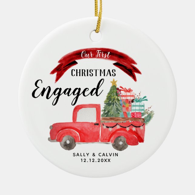 Christmas Red Truck 1st Christmas Engaged Ceramic Ornament (Front)