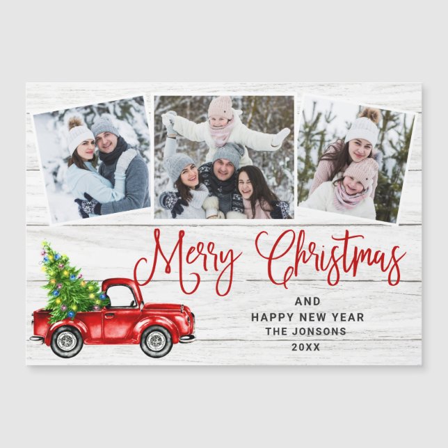 Christmas Red Truck 3 Photo Holiday Magnetic Card (Front)