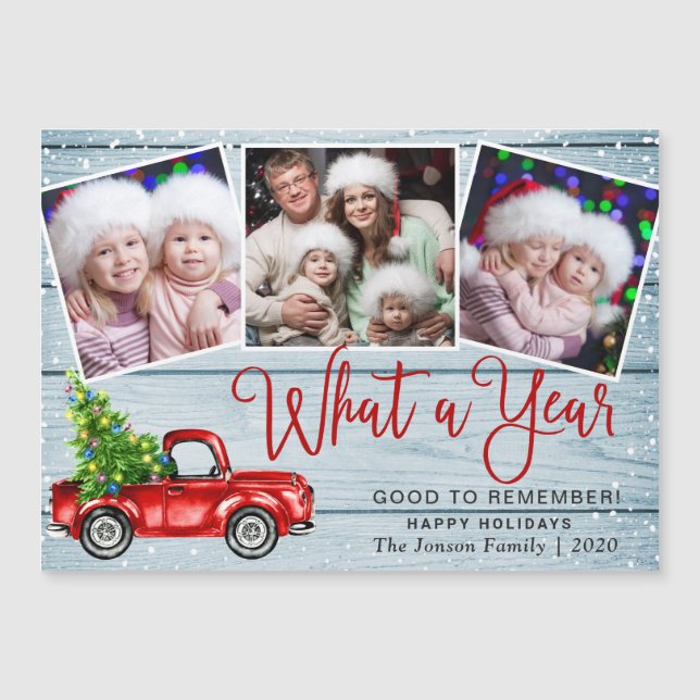 Christmas Red Truck 3 Photo Holiday Magnetic Card (Front)