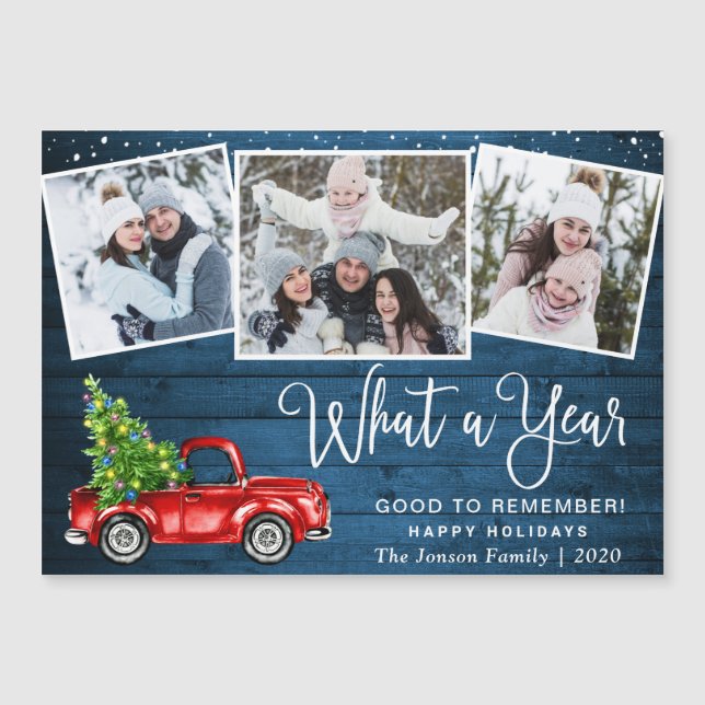 Christmas Red Truck 3 Photo Holiday Magnetic Card (Front)