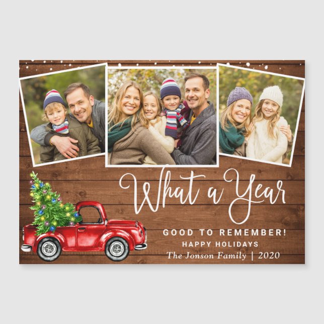 Christmas Red Truck 3 Photo Holiday Magnetic Card (Front)