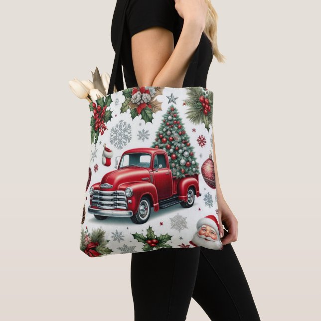 Christmas Red Truck and Santa Pattern  Tote Bag (Close Up)